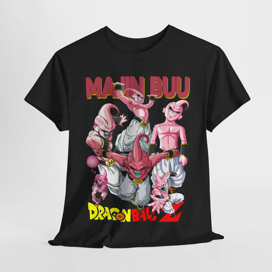 Luxurious black T-shirt featuring vibrant Majin Buu characters from Dragon Ball Z, showcasing intricate anime-inspired artwork with bold typography, perfect for anime enthusiasts and streetwear lovers.