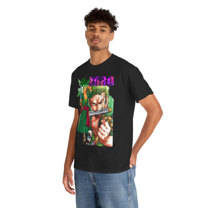 Fashionably dressed model wearing a black Roronoa Zoro graphic t-shirt with vibrant artwork, perfect for casual outings and anime conventions.