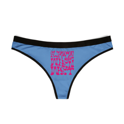 Elegant women's thong panties in blue, featuring bold pink 'SLIPPERY WHEN WET' typography in a stylish 70s design, showcasing a luxurious blend of comfort and sass.