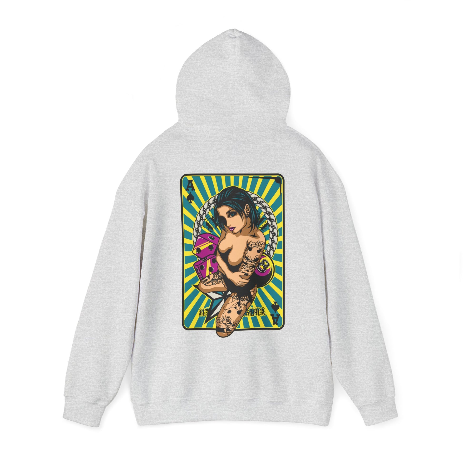 Heather grey hoodie displaying an eye-catching back graphic of a tattooed woman and vibrant playing card motifs, perfect for expressing individuality.