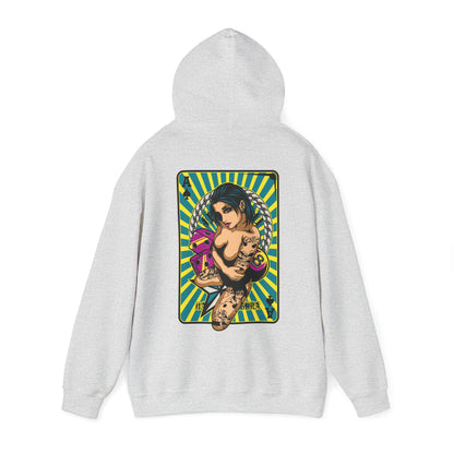 Heather grey hoodie displaying an eye-catching back graphic of a tattooed woman and vibrant playing card motifs, perfect for expressing individuality.