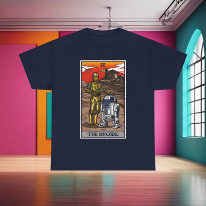 The Droids Tarot Card Graphic T-Shirt Urban Unisex Cotton Tee showcased in a contemporary environment, featuring a navy fabric background and captivating designs of C-3PO and R2-D2 reminiscent of tarot artistry.