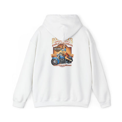 Luxurious Harley-Davidson vintage hoodie featuring detailed pin-up artwork and motorcycle illustration on the back, perfect for stylish adventures.