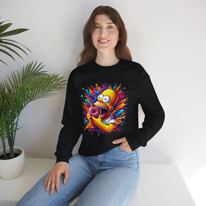Elegant portrayal of Homer Simpson on the 'Homer's Hungry Delight' unisex sweatshirt. Featuring a vibrant graphic design full of colour splashes, showcasing Homer's joyful anticipation of a donut. Perfect blend of casual style and pop culture flair.