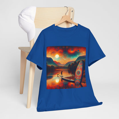 Paddleboarding scene t-shirt displayed in a high-end fashion setting by Dazzling Dreams Studio, perfect for water sports lovers.