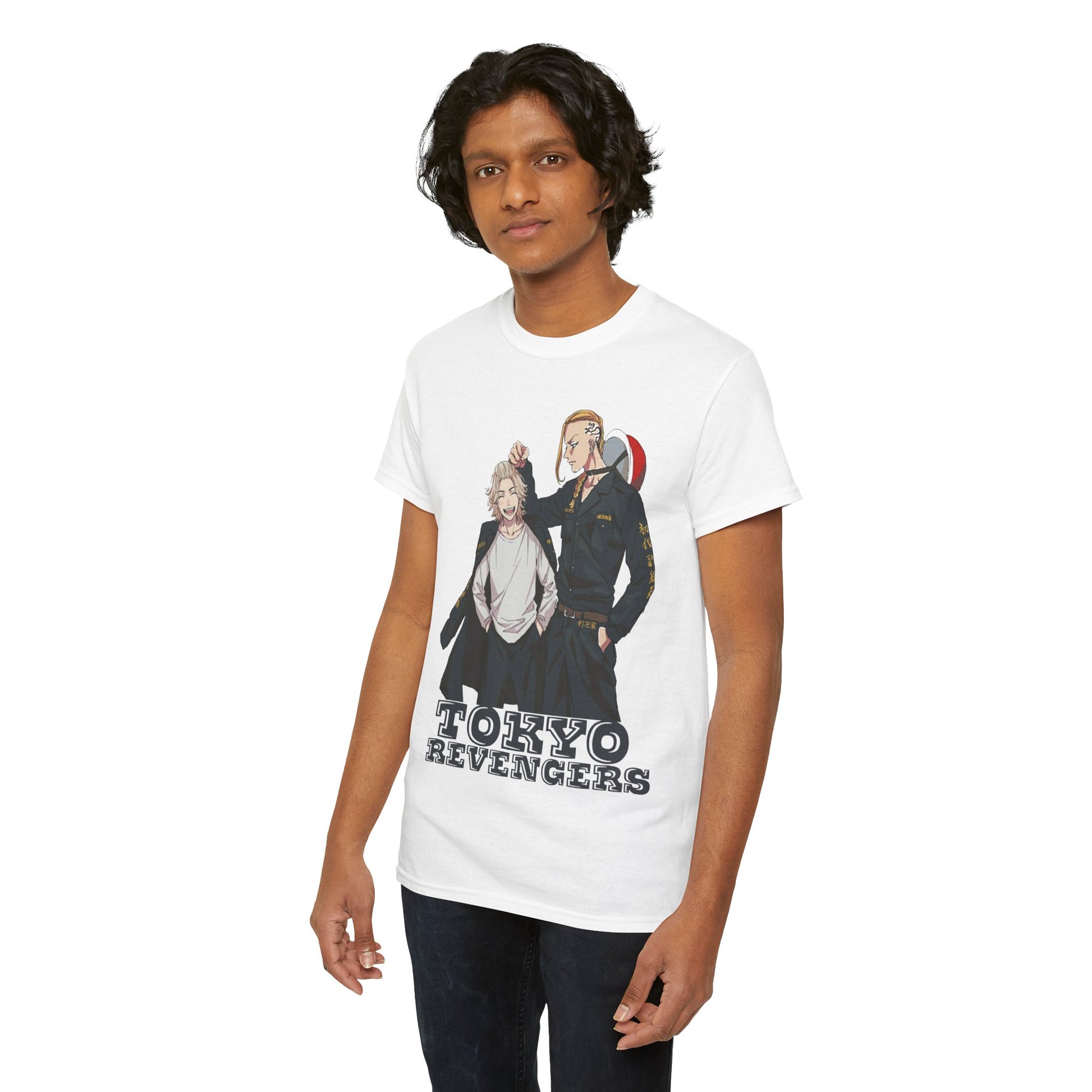 Stylish Tokyo Revengers anime graphic t-shirt for men, featuring two charismatic characters with a striking design, perfect for anime enthusiasts.
