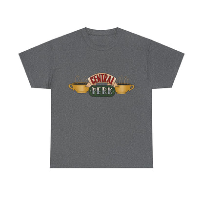 Central Perk Coffee Shop Friends Retro Logo Graphic Tee Unisex in dark grey, portraying the beloved Central Perk logo with sophisticated coffee cup designs.