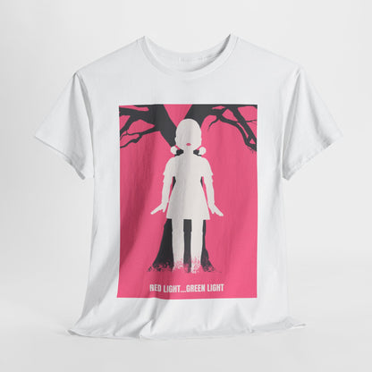 Squid Game Unisex Graphic Cotton T-shirt featuring minimalist design inspired by the iconic 'Red Light... Green Light' scene from the hit Netflix series. Stylish and comfortable for casual wear.