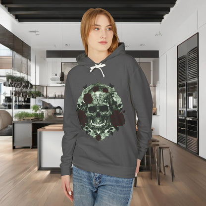 Unisex Lightweight Hooded Sweatshirt displayed on a model in a sophisticated interior, featuring the unique designer skull and roses motif.