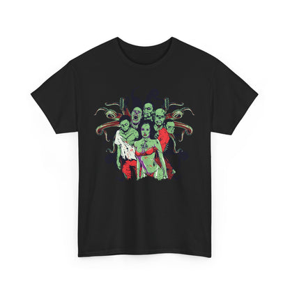 Stylish black men's t-shirt showcasing a lively zombie and tentacle design, perfect for making a unique fashion statement.