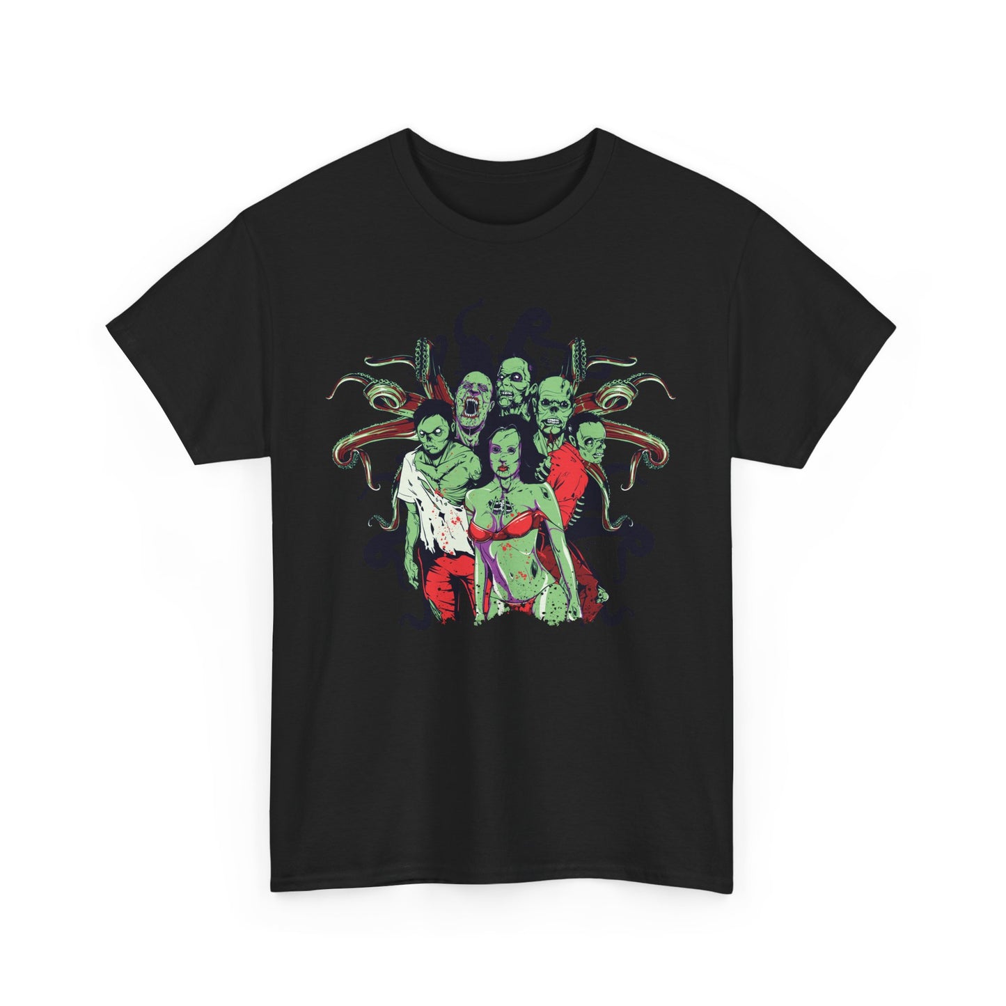 Men's black t-shirt adorned with a striking cartoonish zombie design, showcasing a ghastly yet playful ensemble of vividly illustrated characters against a dark background.