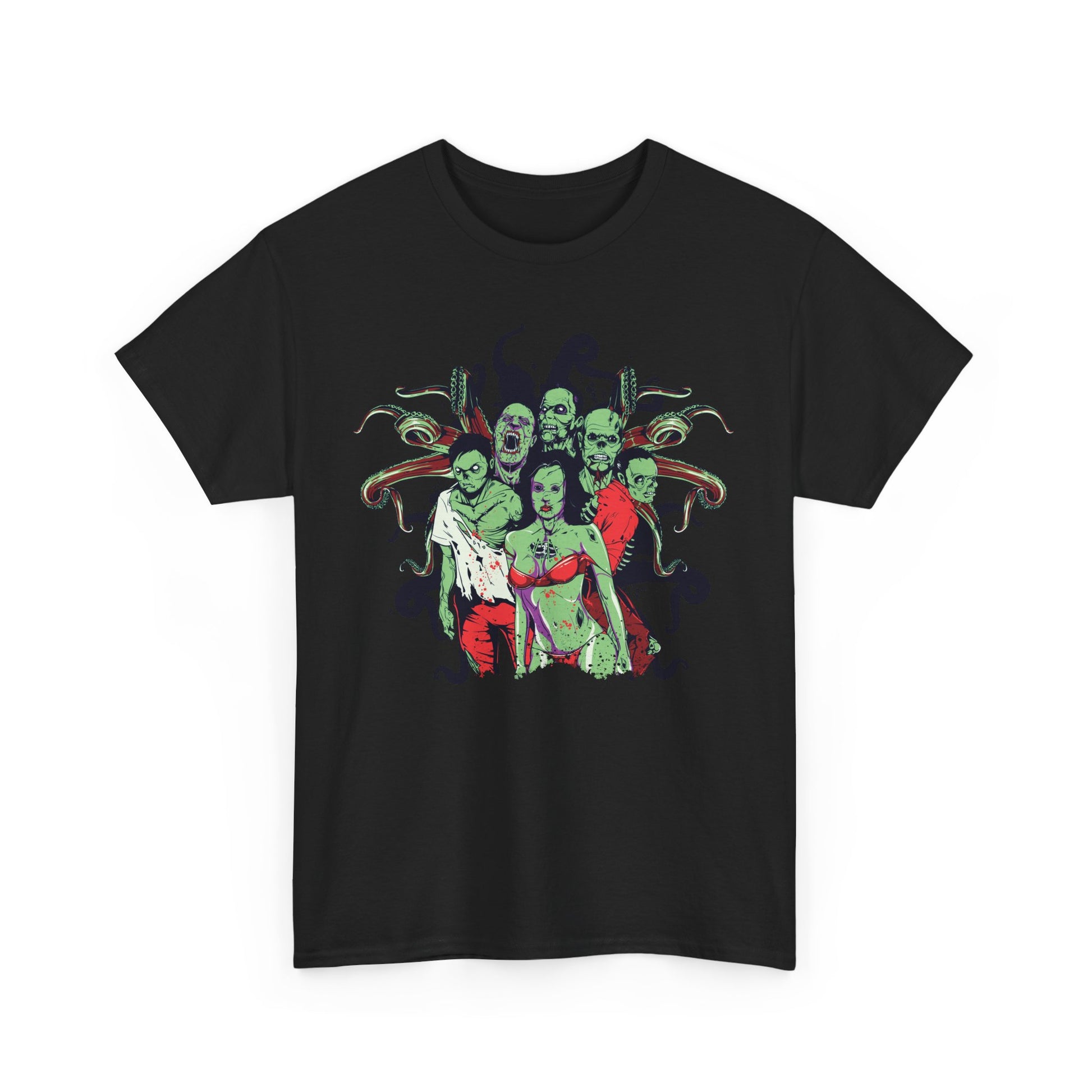 Men's black t-shirt adorned with a striking cartoonish zombie design, showcasing a ghastly yet playful ensemble of vividly illustrated characters against a dark background.