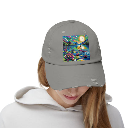 Stylish front view of the Unisex Distressed Paddleboarders Cap worn by a model, featuring vibrant paddleboarding artwork on the front, perfect for luxury-loving water enthusiasts.