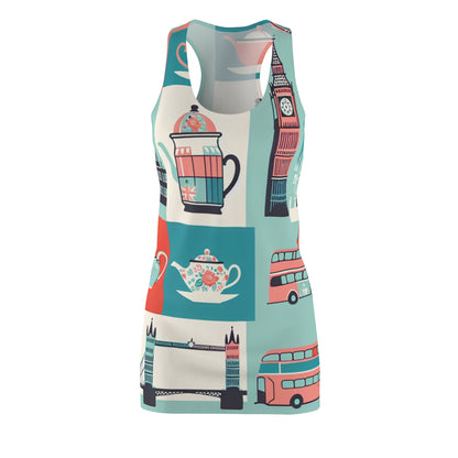 Evelina Belleza London Racerback Dress featuring captivating pastel prints of London landmarks like double-decker buses and red telephone boxes, showcasing iconic style & comfort.