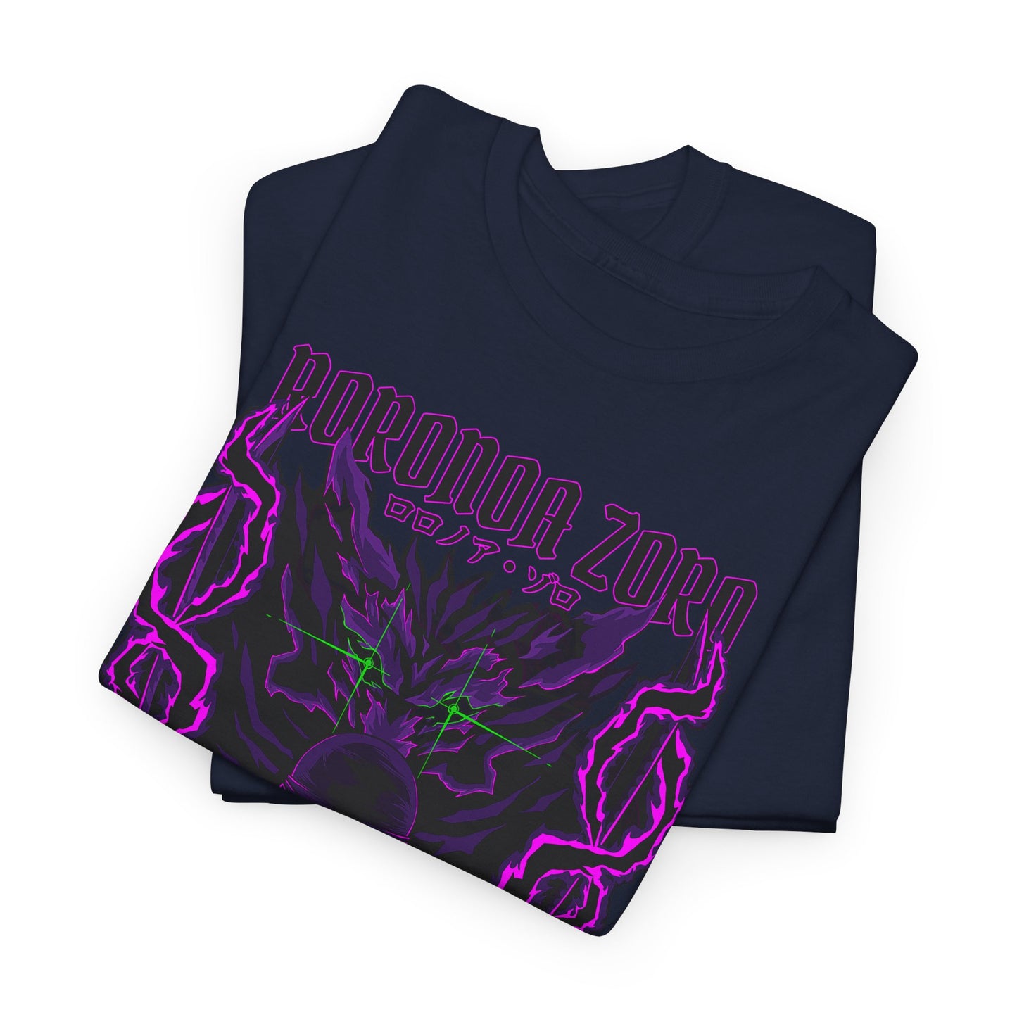 Premium folded navy graphic tee displaying Roronoa Zoro with striking purple illustrations and intricate details, perfect for suave anime enthusiasts.