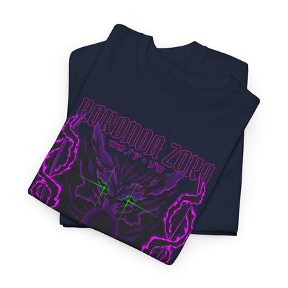 Premium folded navy graphic tee displaying Roronoa Zoro with striking purple illustrations and intricate details, perfect for suave anime enthusiasts.