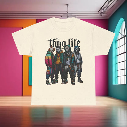 Sophisticated Thug Life Horror Characters Graphic T-Shirt in cream, depicting legendary horror characters in modern street style for an artistic fashion statement.