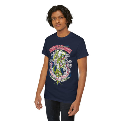 Elegant Native American Heritage Men's Graphic T-Shirt displayed by a male model, showcasing a unique wolf headdress design on a navy background.