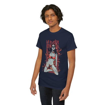 A fashionable man presenting a navy graphic tee featuring a captivating sugar skull design, ideal for bold style statements.