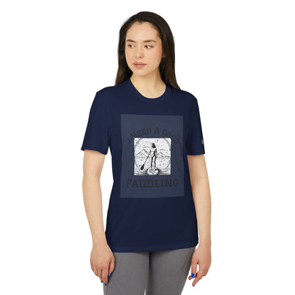 Adidas Women's Eco-Friendly Paddleboarders T-Shirt in Navy featuring a vibrant print with the text 'I Need A Good Paddling', designed for comfort and style, perfect for paddleboarding enthusiasts.