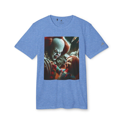 Adidas Unisex Halloween Pennywise and Chucky Cute T-shirt in blue, showcasing a captivating horror-inspired graphic, ideal for stylish Halloween celebrations.
