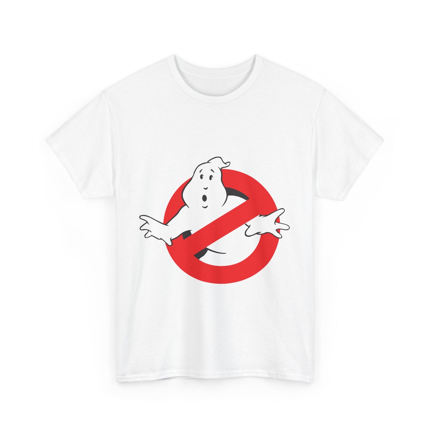 Luxurious white t-shirt featuring the iconic Stay Puft Marshmallow Man logo from Ghostbusters, set against a vibrant red 'no' symbol, perfect for nostalgic fans.