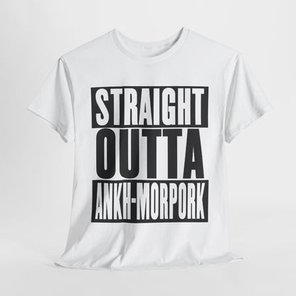 Sophisticated unisex graphic t-shirt from Discworld Ankh Morpork collection, showcasing 'STRAIGHT OUTTA ANKH-MORPORK' in commanding font, a statement piece for discerning fans.