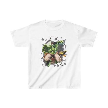 Unisex Kids Hulk Graphic T-Shirt - Elegant white cotton tee designed for children, showcasing a dynamic Hulk illustration for imaginative play.