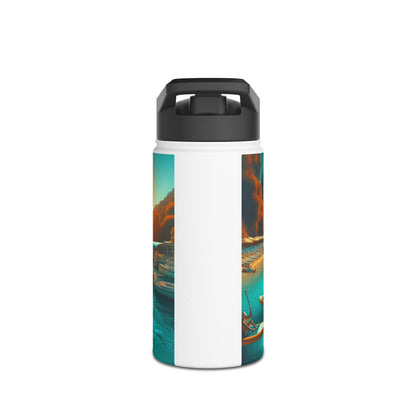 Stylish Fantasy Paddleboarding Stainless Steel Water Bottle illustrating a serene coastal view, combining fashion and functionality for premium hydration.