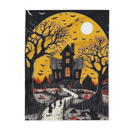 Decorative and Warm Halloween Spooky Arctic Fleece Blanket featuring an eerie haunted house under a full moon, surrounded by twisted trees and bats, perfect for creating a luxurious Halloween atmosphere.