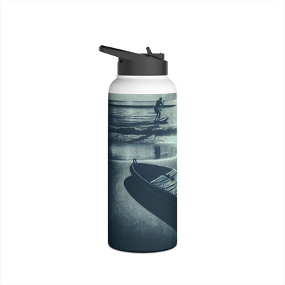 Luxury Fantasy Paddleboarding Stainless Steel Water Bottle featuring an elegant design with a paddleboarder silhouette against a serene water backdrop, perfect hydration solution for outdoor enthusiasts.