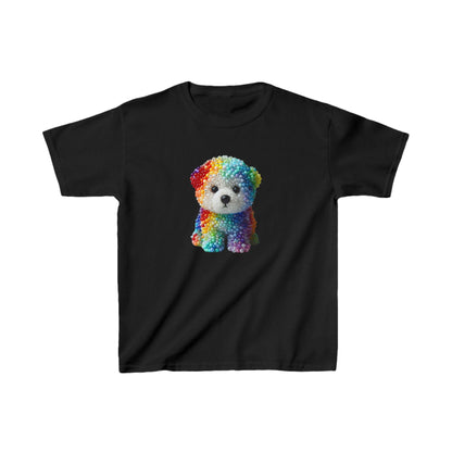 Luxurious unisex kids beaded dog cotton T-shirt tee in black, featuring a vibrant rainbow beaded dog figurine.