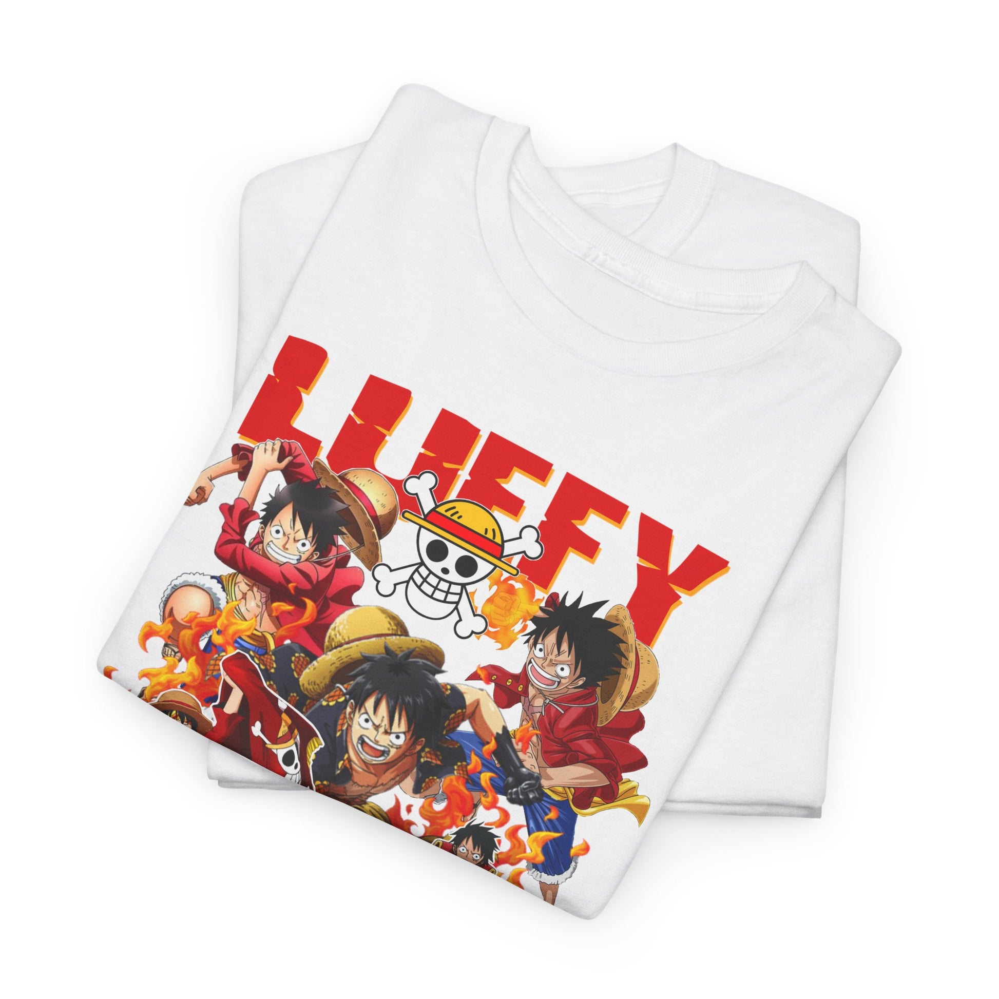 Folded white t-shirt with an eye-catching One Piece graphic depicting energetic characters, perfect for anime enthusiasts.