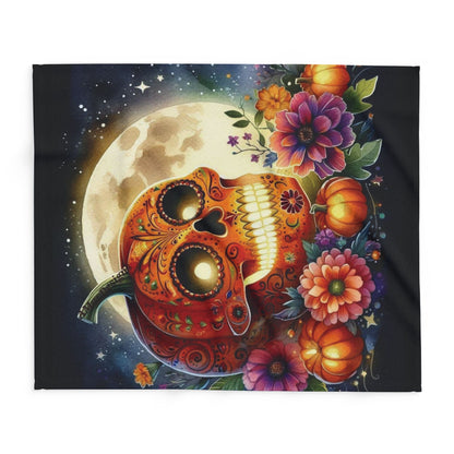 Exquisite Decorative and Warm Halloween Spooky Arctic Fleece Blanket highlighting a detailed sugar skull surrounded by colourful flowers, ideal for seasonal comfort.