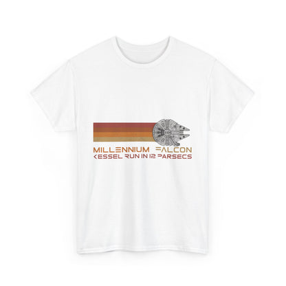 Luxury Millenium Falcon Abstract Art Graphic T-Shirt featuring a detailed design of the iconic starship and the phrase 'Kessel Run in 12 Parsecs'. Perfect for unisex streetwear enthusiasts.