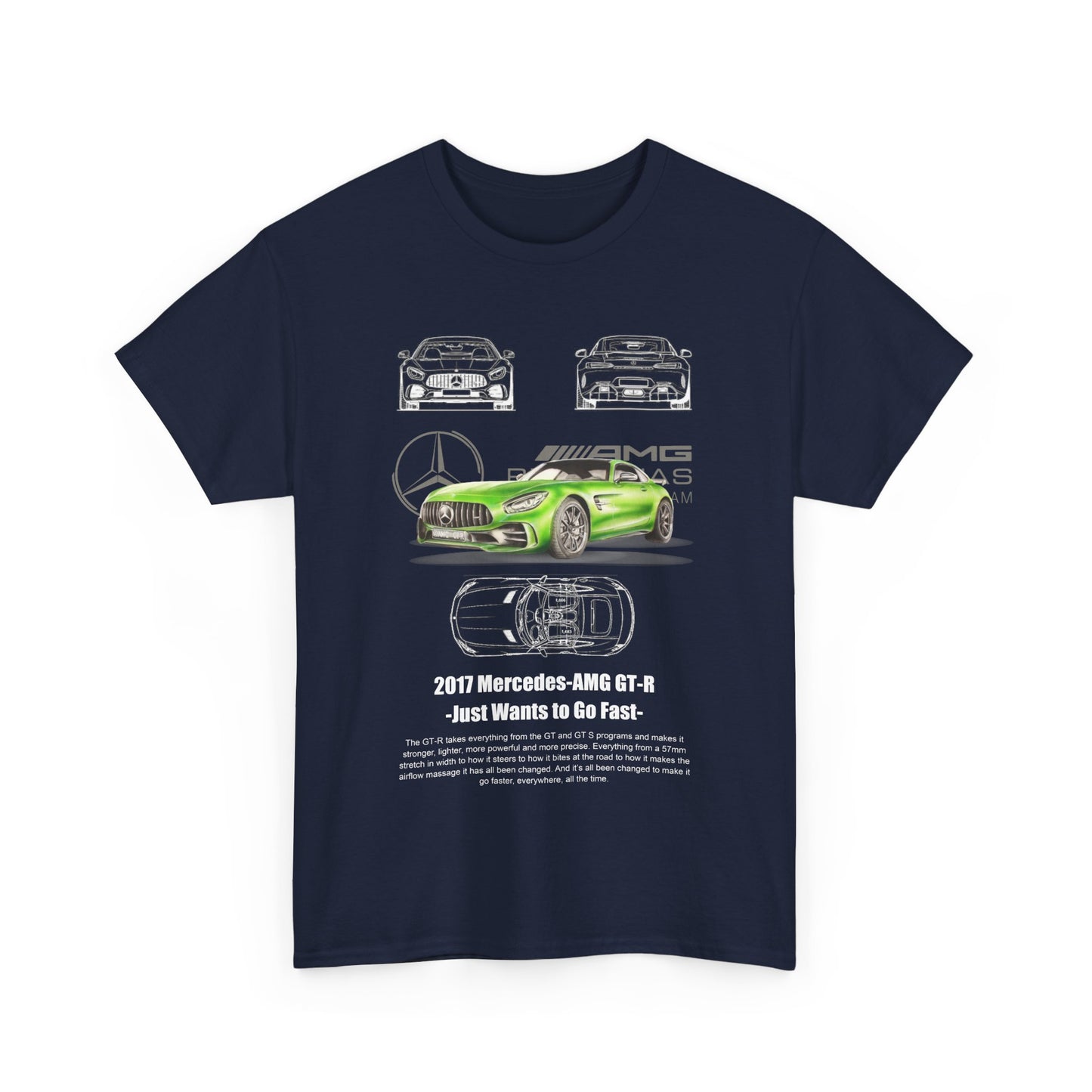 Front view of a navy Men's Mercedes-AMG GT-R T-Shirt displaying a striking green sports car illustration and bold lettering, ideal for car enthusiasts.
