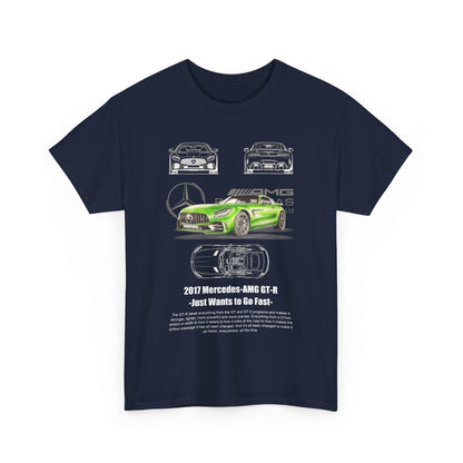 Front view of a navy Men's Mercedes-AMG GT-R T-Shirt displaying a striking green sports car illustration and bold lettering, ideal for car enthusiasts.