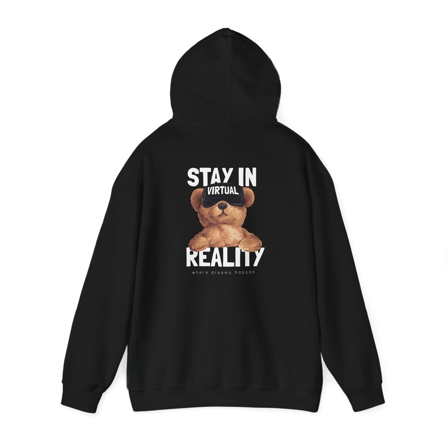 Luxurious black hoodie elegantly displaying a playful teddy bear graphic, emphasising the slogan ‘STAY IN VIRTUAL REALITY’, an ideal choice for stylish escapism.