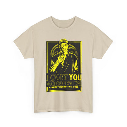 Elegant beige graphic tee showcasing the 'I Want You for Cobra Kai' motif, perfect for fans of the iconic series.