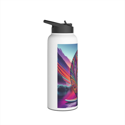 Stylish Fantasy Paddleboarding Stainless Steel Water Bottle featuring a bold design of paddleboarding in majestic mountain scenery.