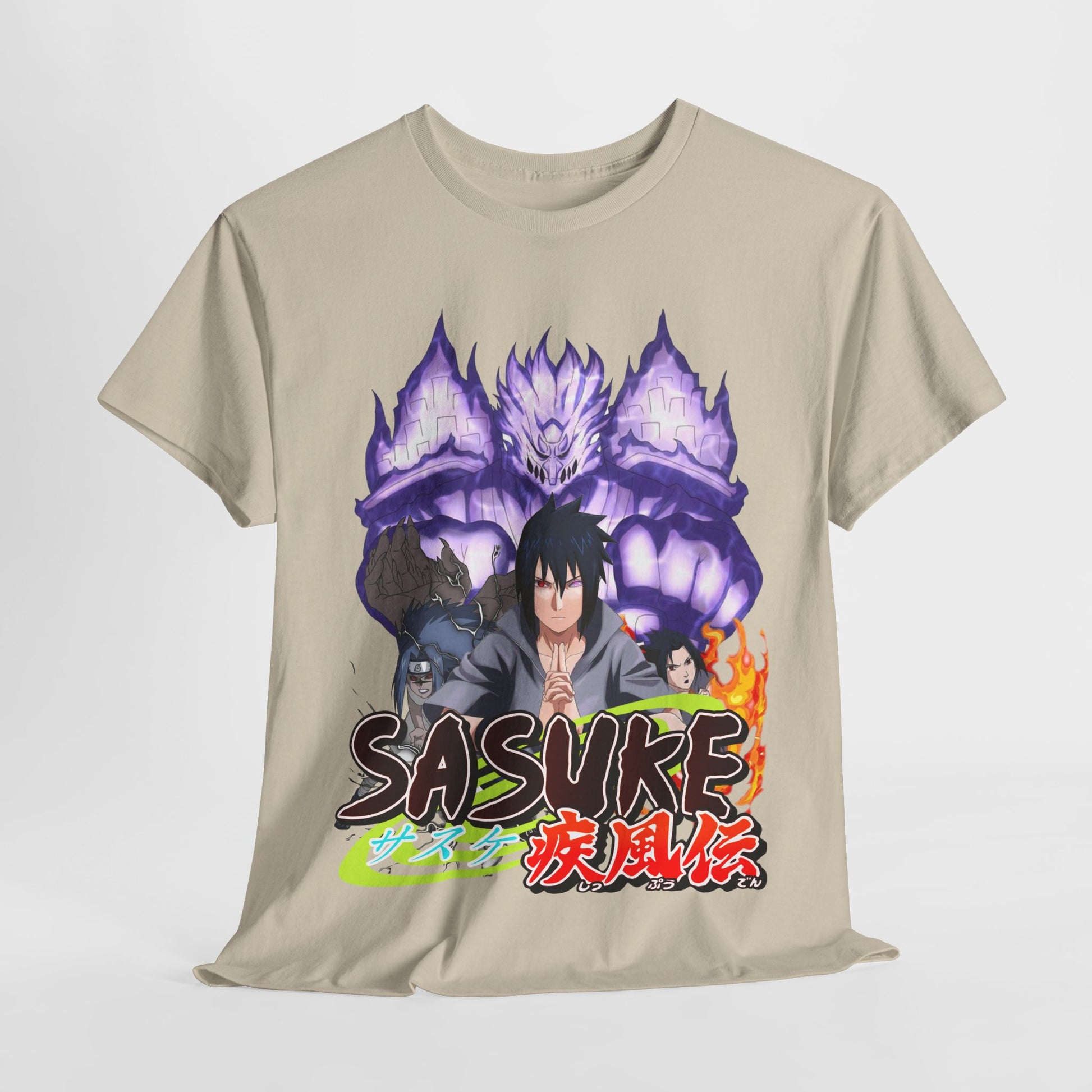 Premium Sasuke Graphic Tee showcasing intricate anime design with vibrant hues, perfect for Naruto enthusiasts.