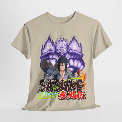 Premium Sasuke Graphic Tee showcasing intricate anime design with vibrant hues, perfect for Naruto enthusiasts.