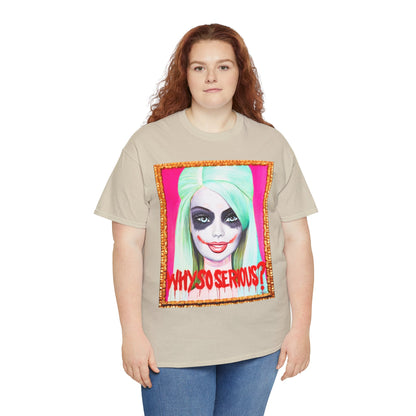 Stylish women's graphic t-shirt displaying a playful Joker Barbie image with the phrase 'Why So Serious?', perfect for making a fashion statement.