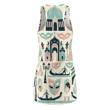 Close-up of the intricate fabric details of the Venetian Pastel Rosewood Dress by Dazzling Dreams Studio, showcasing stunning pastel colors and artistic motifs.