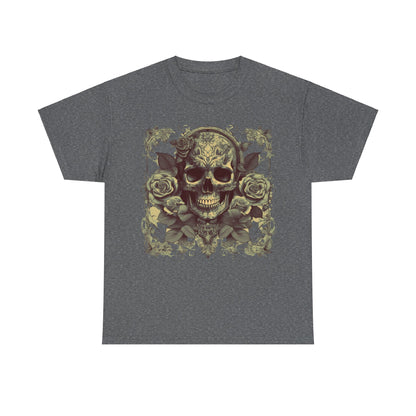 Skulls and Roses Cotton Tee: Fashionable dark grey unisex graphic shirt featuring intricate skull and roses imagery, ideal for alternative fashion enthusiasts.