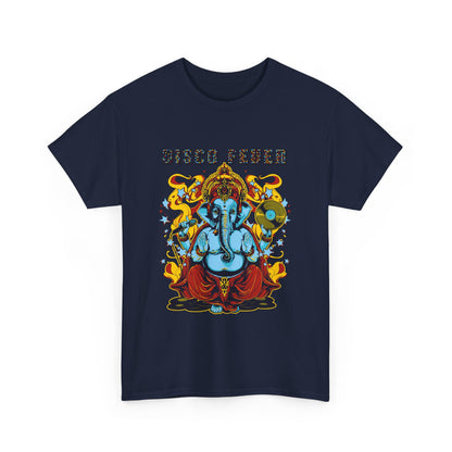 Chic navy blue t-shirt adorned with a striking graphic of Lord Ganesha, radiating vibrancy with the text 'DISCO FEVER'.