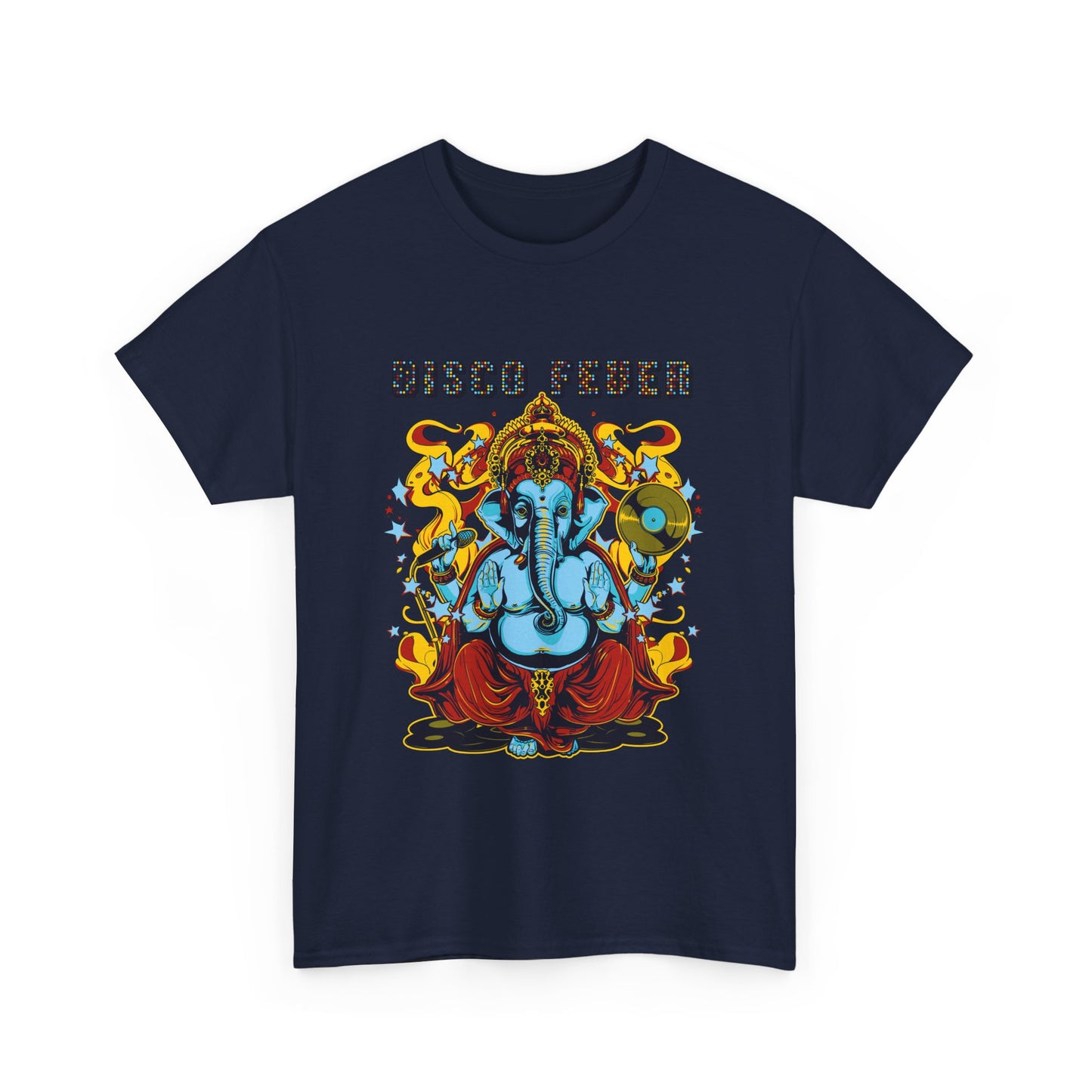 Striking front view of a navy men's t-shirt, featuring an artistic representation of Lord Ganesha amidst vibrant disco-themed elements and bold text 'DISCO FEVER'.