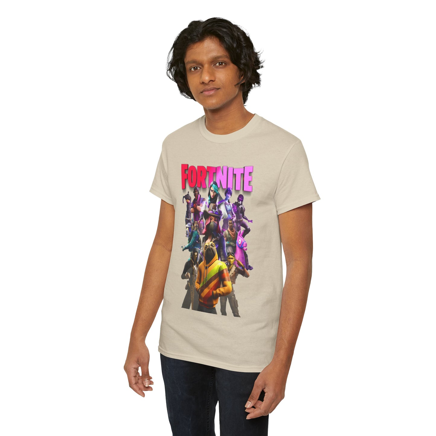 Luxurious Fortnite-themed T-shirt featuring a vibrant design with iconic characters, showcased on a model. The shirt boasts bold 'FORTNITE' lettering in vivid pink against a stylish beige fabric.
