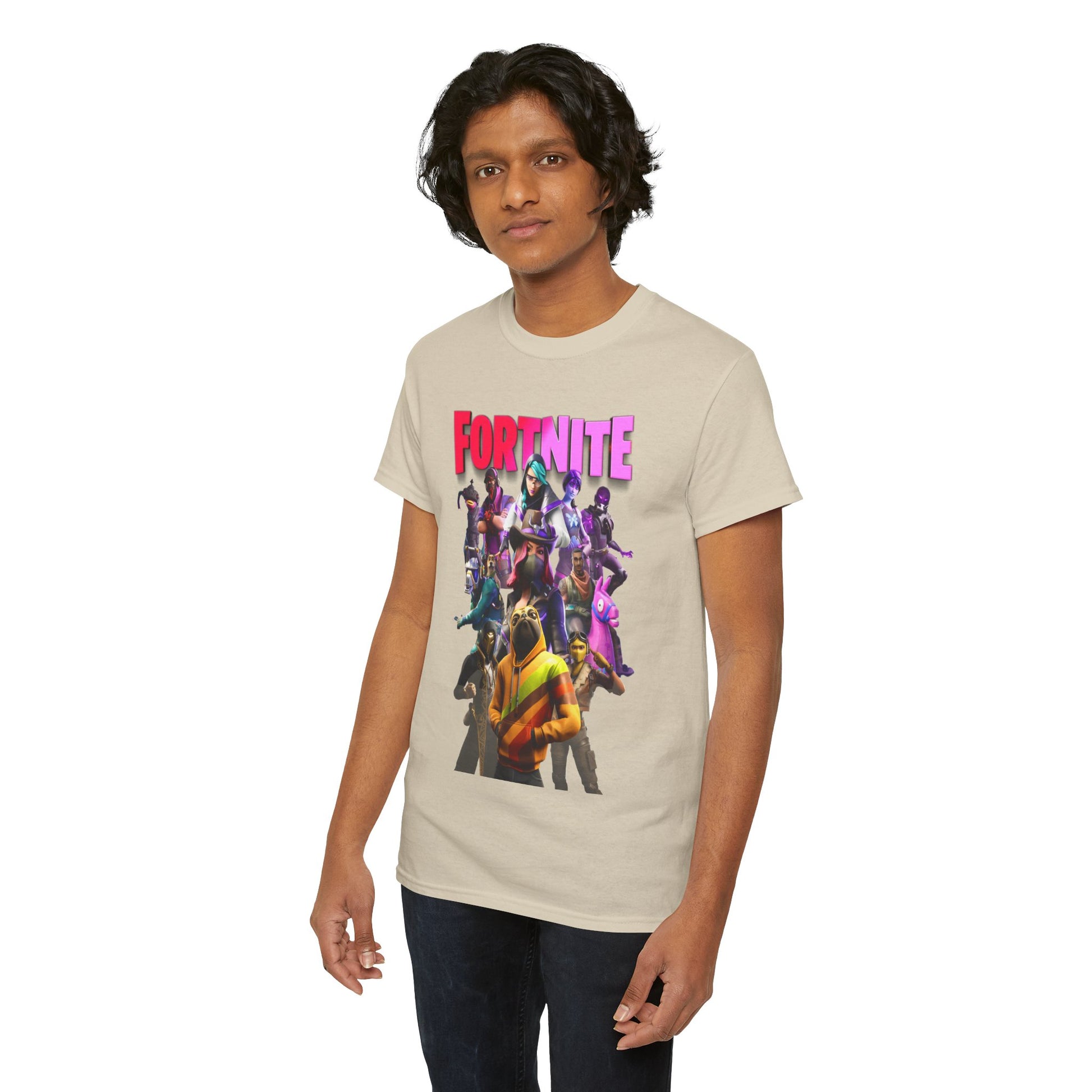 Luxurious Fortnite-themed T-shirt featuring a vibrant design with iconic characters, showcased on a model. The shirt boasts bold 'FORTNITE' lettering in vivid pink against a stylish beige fabric.