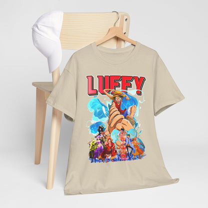 Elegant men's graphic t-shirt featuring vibrant Luffy design from One Piece, displayed on a wooden hanger with a chic white cap in the background.